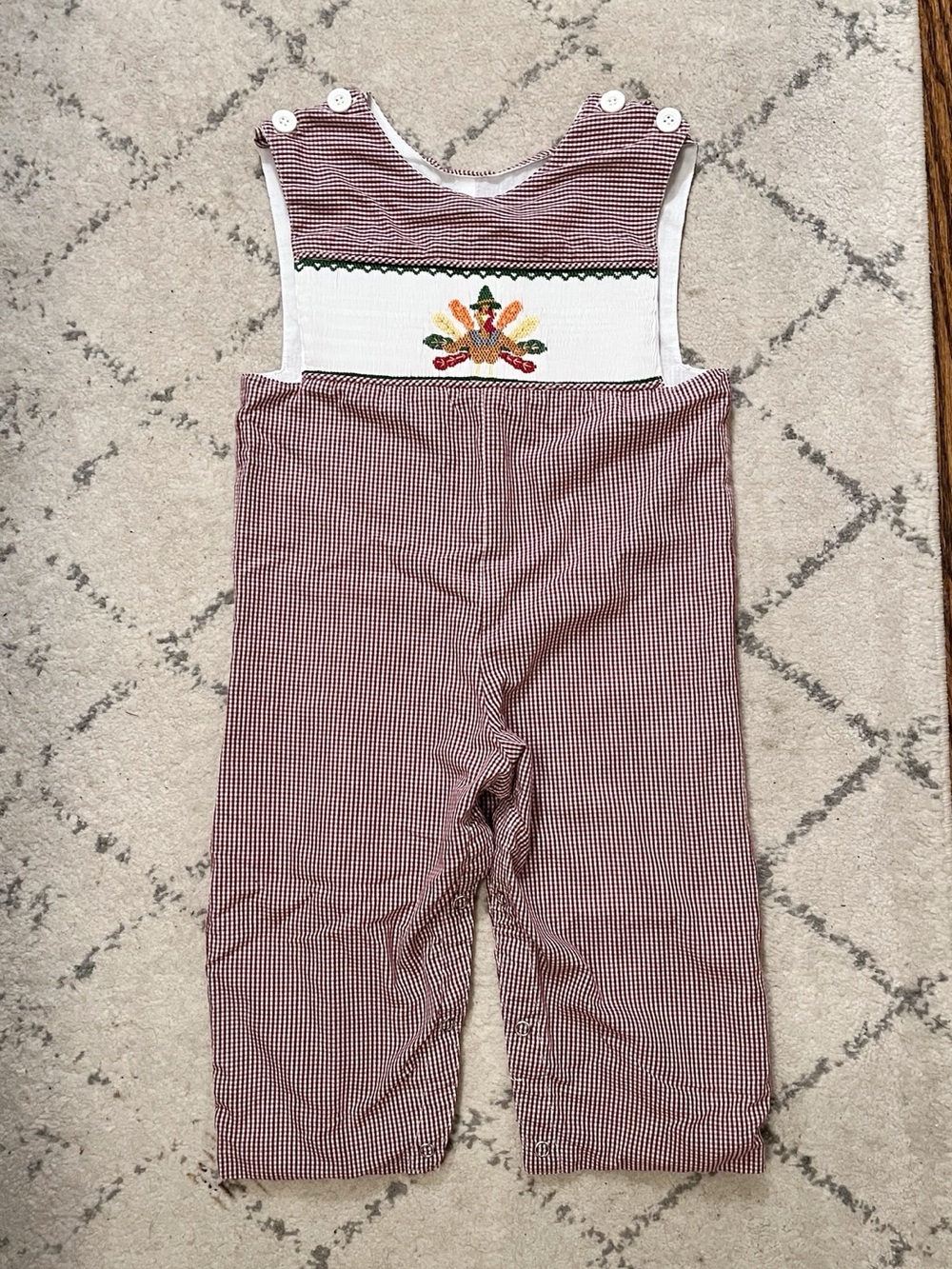 Smocked Burgundy Gingham Kids' Overalls with Autumn Embroidery